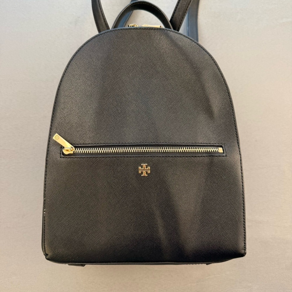 Tory Burch Emerson 55487 Saffiano Leather Black Medium Backpack EUC